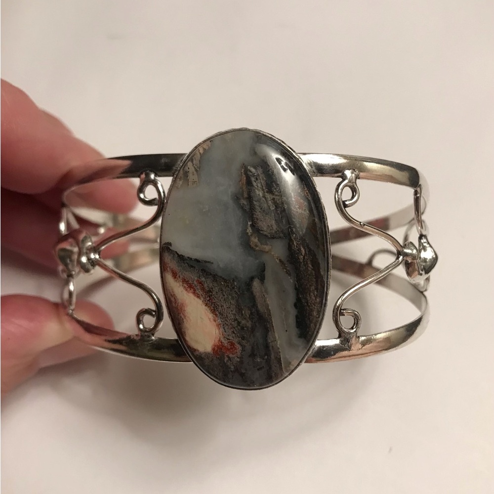 Money Agate Stamped 925 Sterling Silver Cuff Bracelet